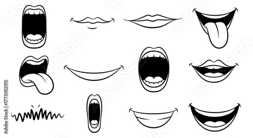 Cartoon Mouths Vector Set illustrating various comic expressions happy smiles, wide open laughs, playful tongues, and surprised looks, perfect for animation design