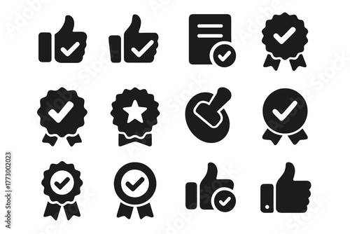 Certification Icons Collection. Solid style icons of Certification: approved stamp thumb, checkmark with thumb, verified