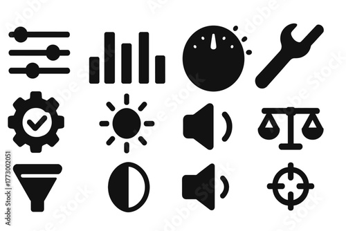 Audio Adjustment Icons. Solid style icons of adjustments and fine-tuning: sliders icon, equalizer bars, dial knob, adjustment