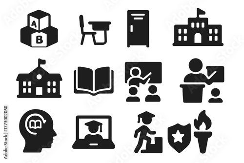 Education Journey Icons. Solid style icons of Education journey: preschool toy block, elementary desk, middle school locker, high