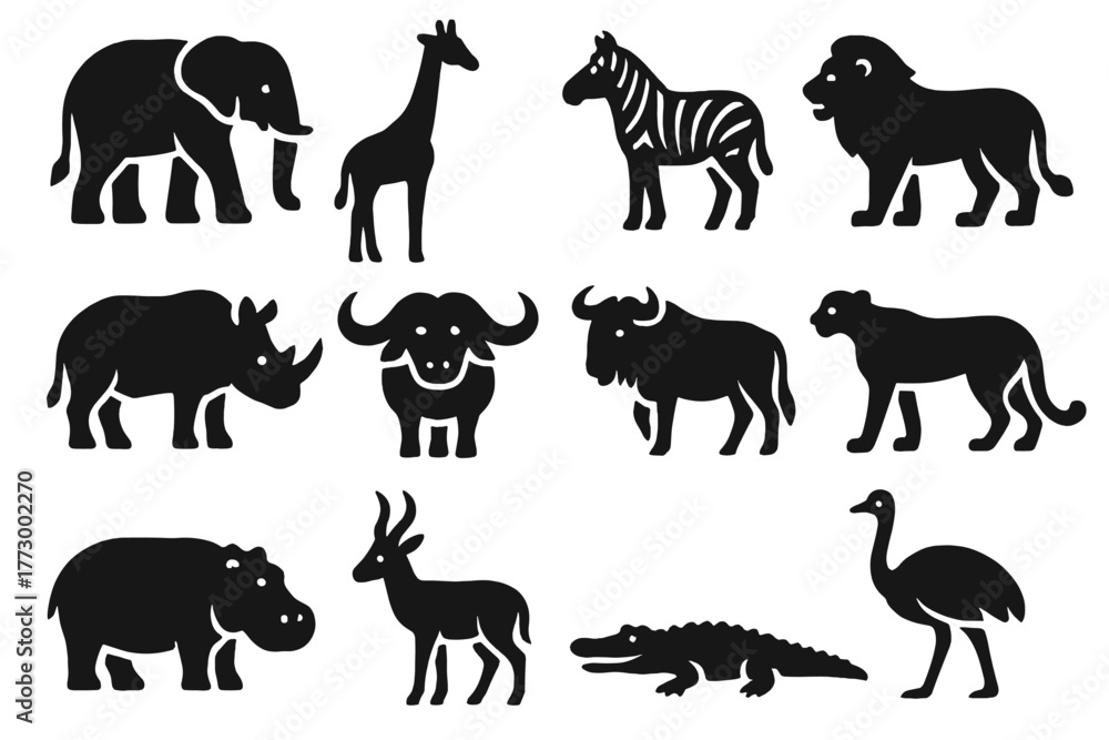 Obraz premium African Wildlife Icons. Solid style icons of African Wildlife: elephant, giraffe, zebra, lion, rhino, buffalo, wildebeest, cheetah