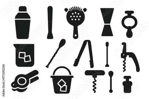 Bar Tools Icons. Solid style icons of Bar tools: cocktail shaker, muddler, strainer, jigger, mixing glass, bar spoon, ice tongs,