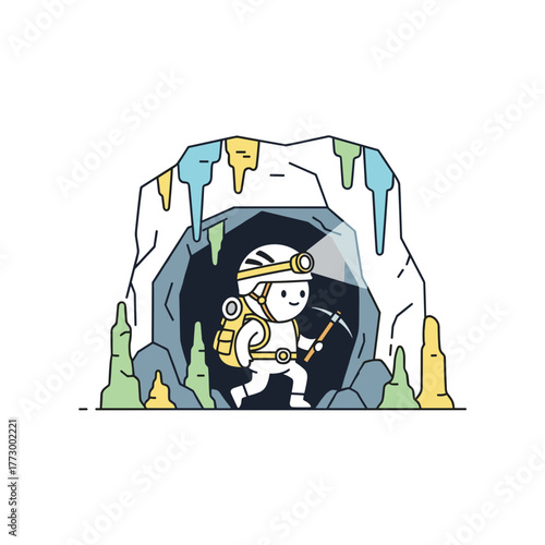 Caver exploring underground cave with gear and headlamp - Concept of caving and spelunking  