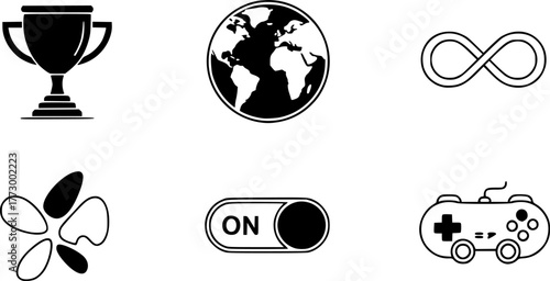 flat icons: trophy, earth, infinity, abstract shapes, toggle, game controller