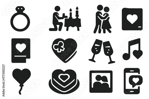 Romantic Gesture Icons. Solid style icons of romantic gestures: engagement ring, wedding proposal, candlelight dinner, love note,