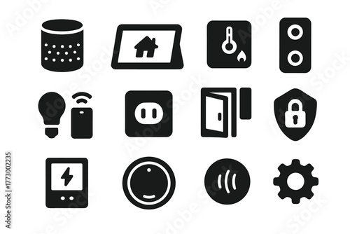 Smart Home Icons. Solid style icons of smart home devices: smart speaker, home hub, smart thermostat, doorbell camera,