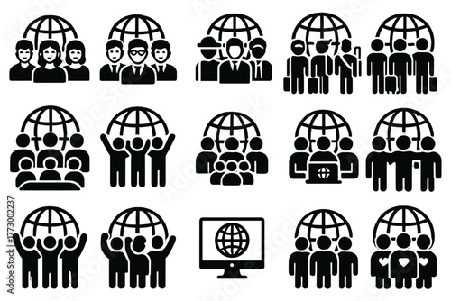 Global Unity Icons. Solid style icons of Global people: multicultural group, international students, diverse business team,