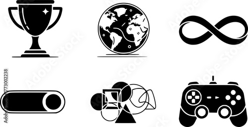flat icons: trophy, earth, infinity, abstract shapes, toggle, game controller