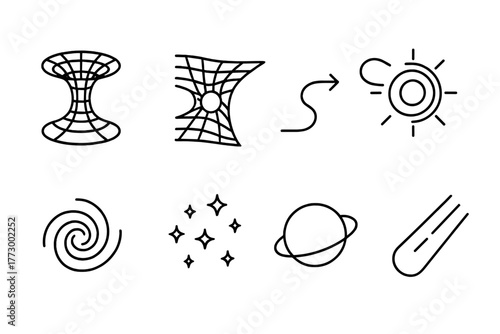 Wormhole Icon Set. Line style icons of Wormhole: Interstellar Tunnel, Spacetime Distortion, Shortcut Path, Event Horizon Edge,