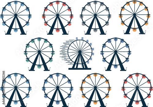 Ferris wheel vector icons set, amusement park ride collection, carnival attraction flat illustration