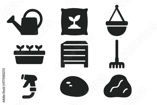 Garden Accessories Icons. Solid style icons of Garden Accessories: watering jug, soil bag, planter box, hanging pot, compost bin,