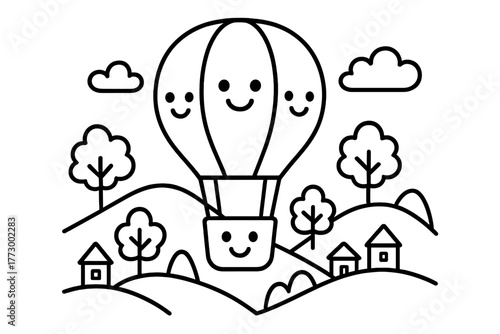 Joyful Balloon Adventure. A joyful hot air balloon with smiling faces floating above hills, trees, and tiny houses below, black