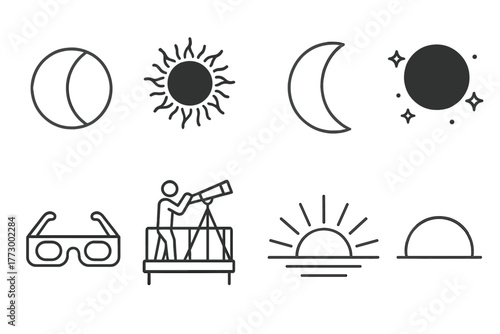 Solar Eclipse Icons. Line style icons of Solar Eclipse: Eclipse Phase, Corona Stream, Moon Edge, Dark Sky, Solar Glasses,