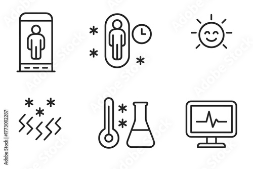 Cryonics Line Icons. Line style icons of Cryonics: Preservation Unit, Frozen Capsule, Future Reawakening, Optimistic Symbol, Frost