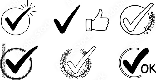 Hand-drawn checkmark set with symbols for success, approval, and validation