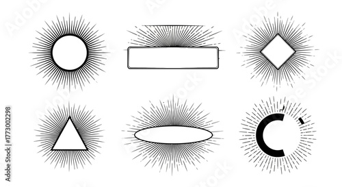 Diverse set of sunburst vector graphics, showcasing different geometric shapes surrounded by radiating lines, ideal for retro badges, labels, and design elements