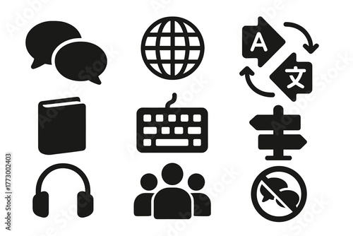 Multilingual Icons Collection. Solid style icons of multilingualism: two speech bubbles, globe, translation arrows, book, keyboard