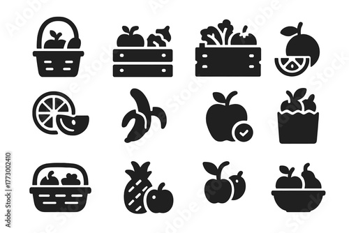 Fresh Produce Icons. Solid style icons of Fresh produce: market basket, fruit crate, farm box, sliced fruit, peeled banana, juiced