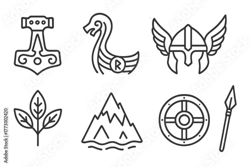 Nordic Myth Icons. Line style icons of Nordic Myth: Thor’s Hammer, Longship Figurehead, Rune Stone, Valkyrie Helmet, Yggdrasil