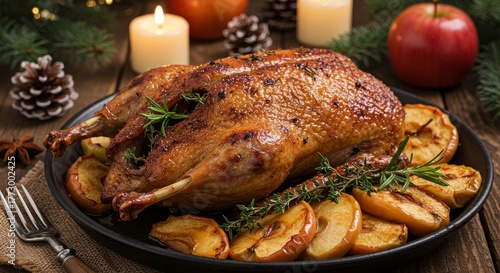 Delicious roasted duck with apples and herbs for holiday feast on rustic table