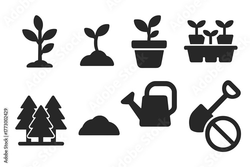 Sapling Icons Collection. Solid style icons of saplings: young tree, sprout, potted plant, seedling tray, forest row, soil mound,