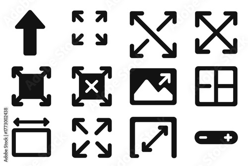 Scaling Icons Collection. Solid style icons of scaling and resizing: scale up arrow, scale down arrow, four-corner resize,