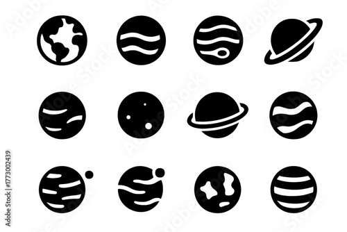 Solid Planet Icons. Solid style icons of Planets: earth, mars, jupiter, saturn with rings, venus, mercury, uranus, neptune,