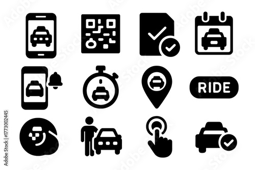 Taxi Booking Icons. Solid style icons of taxi booking and access: smartphone with taxi icon, QR code for ride, booking