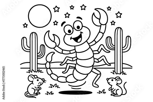 Scorpion Moonlit Dance. Funny scorpion dancing under the moonlight with stars, cacti, and little desert mice watching, black and