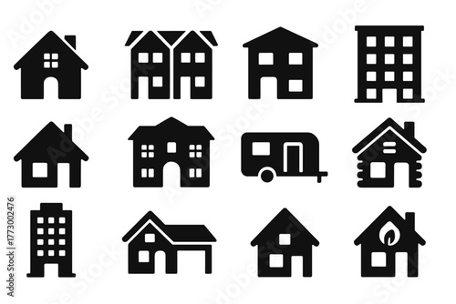Residential Building Icons. Solid style icons of residential buildings: single-family house, townhouse, duplex, apartment block,