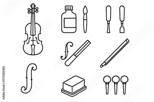 Luthier Tools Icons. Line style icons of Luthier: Violin, Varnish, Wood Carving Tools, Soundhole, Fingerboard, Bow, Tuning Pegs,