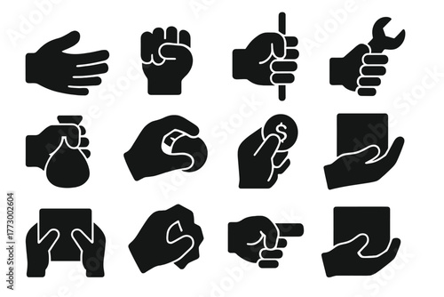 Solid Hand Icons. Solid style icons of Grabbing: grabbing hand, clenched grab, hand holding rope, hand holding tool, hand holding