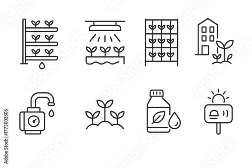 Vertical Farming Icons. Line style icons of Vertical Farm: Stacked Hydroponic System, Grow Light, Vertical Racks, Urban