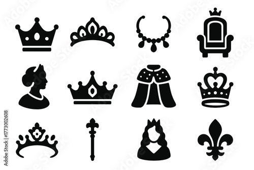 Queens Icon Set. Solid style icons of Queens: queen crown, tiara, royal necklace, elegant throne, female bust, crown with gem,