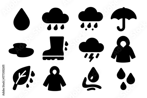 Weather Icon Set. Solid style icons of Rain and weather: raindrop, storm cloud, light drizzle, heavy rain, umbrella, rain puddle,