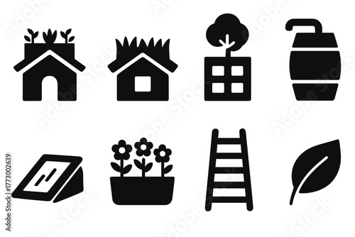 Green Roof Icons. Solid style icons of green roofs: rooftop garden, grass roof, tree on building, rainwater barrel, skylight,