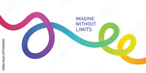Gradient ribbon flowing in infinity loop shape with text imagine without limits abstract background