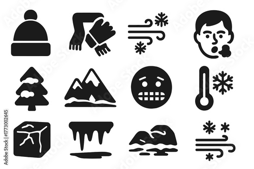 Winter Icons Collection. Solid style icons of winter and cold weather: winter hat icon, scarf and gloves, freezing wind symbol,