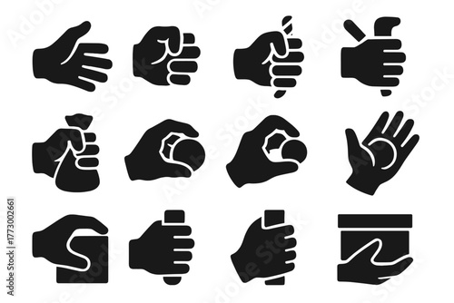 Solid Hand Icons. Solid style icons of Grabbing: grabbing hand, clenched grab, hand holding rope, hand holding tool, hand holding