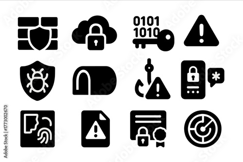 Cybersecurity Icon Collection. Solid style icons of cybersecurity in storage: firewall shield, lock on cloud, encrypted key,