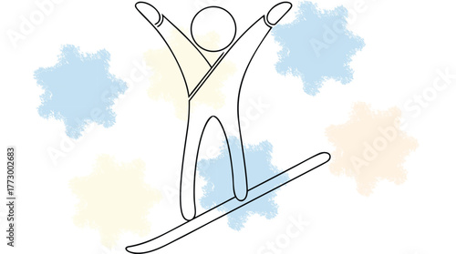 Snowboarder in Line Art Pose with Soft Pastel Starbursts snowboarding winter sport single line
