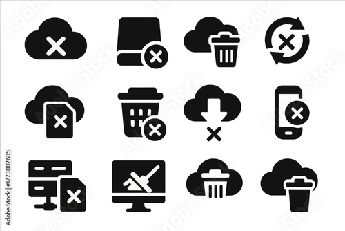 Digital Cloud Deletion Icons. Solid style icons of digital and cloud deletion: cloud delete icon, remove from drive, delete backup