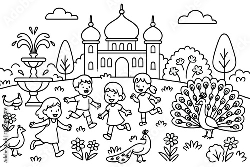 Whimsical Garden Scene. Whimsical palace garden with fountains, peacocks spreading feathers, and children playing, black and white
