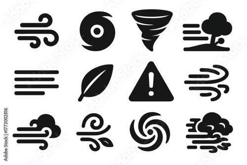 Weather Icons Collection. Solid style icons of wind and storms: wind swirl icon, hurricane symbol, tornado icon, gale force wind,