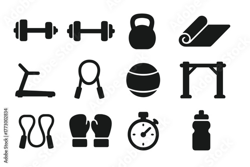 Fitness Equipment Icons. Solid style icons of fitness equipment: dumbbell, barbell, kettlebell, yoga mat, treadmill, jump rope,