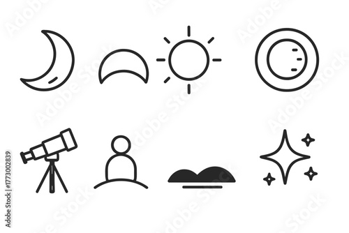 Lunar Eclipse Icons. Line style icons of Lunar Eclipse: Red Crescent Moon, Earth's Shadow Curve, Umbra Glow, Penumbra Fade,