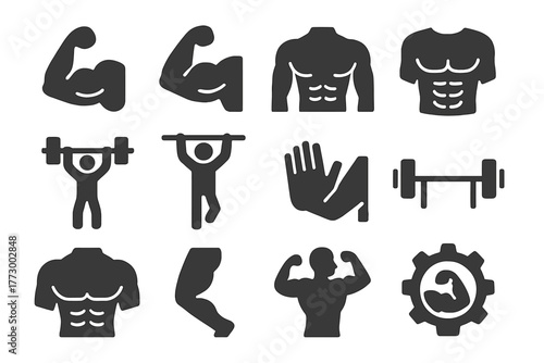 Muscle Training Icons. Solid style icons of Muscle training: biceps icon, flexing arm, strong torso, six-pack abs, weightlifting