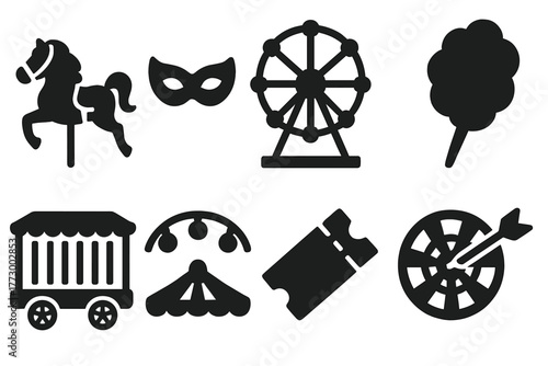 Vintage Amusement Icons. Solid style icons of Vintage Amusement: carousel horse, carnival mask, ferris wheel, cotton candy, circus