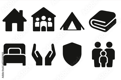 Shelter and Safety Icons. Solid style icons of shelter and safety: house, community hall, tent, blanket, bed, open hands, shield,