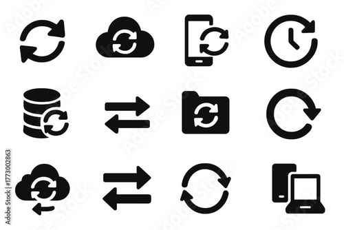Synchronization Icons. Solid style icons of synchronization: sync arrows, cloud sync icon, device syncing, real-time sync,
